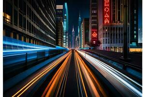 un' città strada a notte con leggero sentieri. ai-generato foto