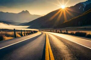 un' lungo strada con il sole splendente al di sopra di esso. ai-generato foto