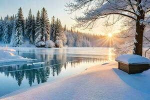 inverno paesaggio con neve coperto alberi e il sole splendente. ai-generato foto