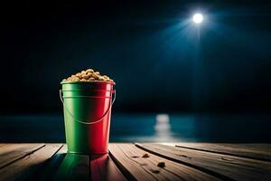 un' secchio di Popcorn su un' di legno tavolo a notte. ai-generato foto