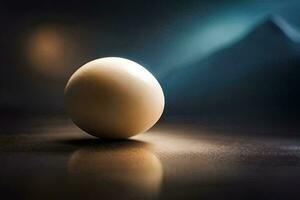 un uovo su un' tavolo con un' sfocato sfondo. ai-generato foto