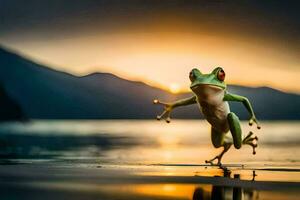 un' rana salto su il spiaggia a tramonto. ai-generato foto