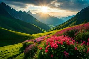 il sole brilla su il montagne e fiori nel il valle. ai-generato foto
