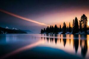 un' bellissimo tramonto al di sopra di un' lago con alberi. ai-generato foto