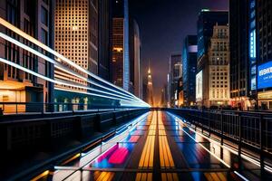 un' città strada a notte con luci e traffico. ai-generato foto