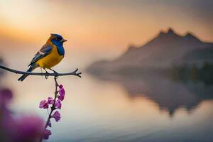 un' blu e giallo uccello si siede su un' ramo vicino un' lago. ai-generato foto