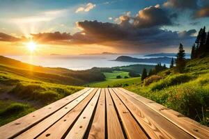 il di legno passerella nel il tramonto. ai-generato foto