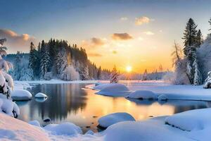 un' nevoso fiume nel il inverno. ai-generato foto