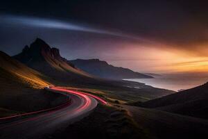 un' auto guida giù un' strada nel il montagne a tramonto. ai-generato foto