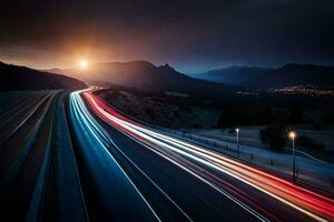 un' lungo esposizione foto di un' autostrada a notte. ai-generato