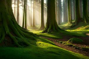 il sole brilla attraverso il alberi nel un' foresta. ai-generato foto