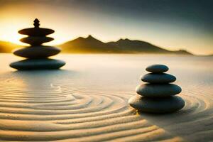 il equilibrio di pietre nel il sabbia. ai-generato foto