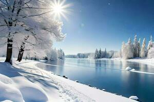 un' nevoso fiume con alberi e neve. ai-generato foto