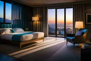 un' Hotel camera con un' Visualizza di il oceano a tramonto. ai-generato foto