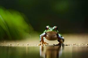 un' rana è in piedi su il terra nel davanti di un' verde sfondo. ai-generato foto