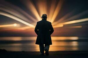un' uomo nel un' cappello e cappotto a piedi lungo il spiaggia a tramonto. ai-generato foto