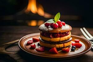 Pancakes con frutti di bosco e menta su un' piatto. ai-generato foto
