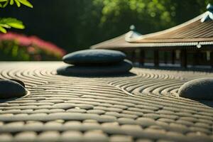 un' zen giardino con pietre e un' pagoda. ai-generato foto