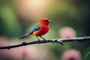 un' colorato uccello si siede su un' ramo nel il sole. ai-generato foto