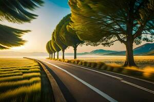 un' lungo esposizione foto di un' strada con alberi nel il sfondo. ai-generato