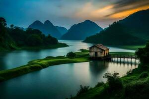 il Casa nel il mezzo di il lago. ai-generato foto