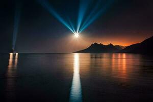 un' leggero fascio brilla al di sopra di il acqua e montagne. ai-generato foto