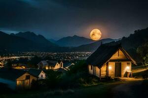 un' pieno Luna brilla al di sopra di un' villaggio a notte. ai-generato foto