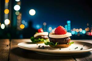 un' piatto con un' hamburger e fragola su esso. ai-generato foto