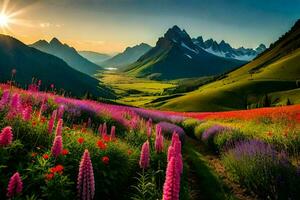 bellissimo fiori e montagne nel il tramonto. ai-generato foto