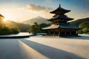il sole sorge al di sopra di il pagoda nel il giapponese tempio. ai-generato foto