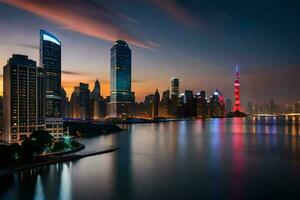 il città orizzonte a notte nel shanghai. ai-generato foto