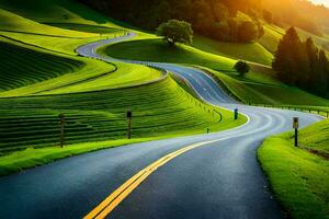 un' avvolgimento strada nel il montagne con verde erba. ai-generato foto