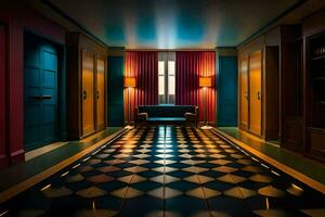 un' corridoio con un' scacchi pavimento e blu e rosso muri. ai-generato foto