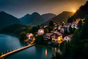 foto sfondo il cielo, montagne, lago, Casa, il sole, il Luna, il cielo. ai-generato