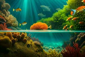 un' colorato subacqueo scena con pesce e corallo. ai-generato foto