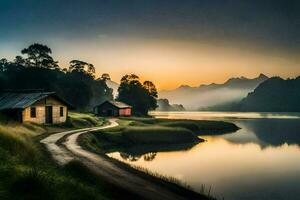 il strada per il lago. ai-generato foto