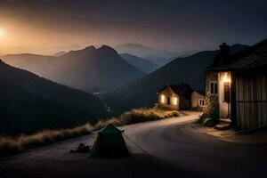 un' piccolo Casa si siede su il lato di un' montagna strada a tramonto. ai-generato foto