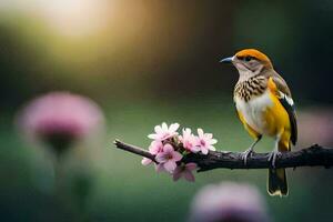 un' uccello si siede su un' ramo con rosa fiori. ai-generato foto