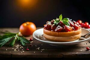 un' piatto con un' Sandwich con pomodoro e erbe aromatiche. ai-generato foto