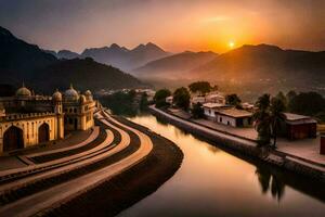 il sole imposta al di sopra di un' fiume nel India. ai-generato foto