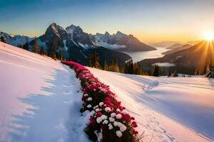 il sole sorge al di sopra di un' nevoso montagna gamma con rosa fiori. ai-generato foto
