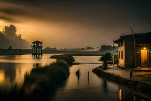 un' Casa si siede su il bordo di un' lago a tramonto. ai-generato foto