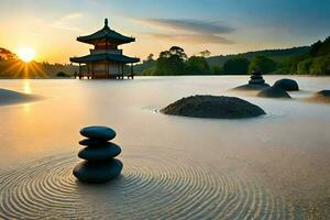 un' pagoda nel il acqua con rocce e acqua. ai-generato foto