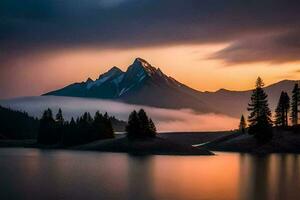 un' montagna gamma è riflessa nel un' lago a tramonto. ai-generato foto