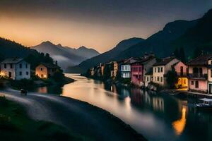 foto sfondo il cielo, montagne, fiume, case, tramonto, il montagne, il fiume,. ai-generato