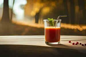 un' bicchiere di succo con un' cannuccia seduta su un' tavolo. ai-generato foto