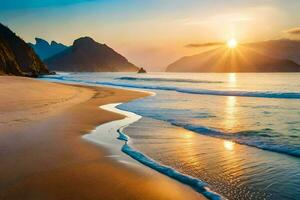 il sole sorge al di sopra di il oceano e il onde su il spiaggia. ai-generato foto