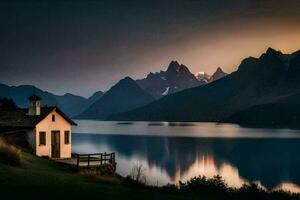 un' piccolo Casa si siede su il bordo di un' lago a tramonto. ai-generato foto