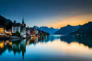 un' bellissimo tramonto al di sopra di un' lago e montagne. ai-generato foto