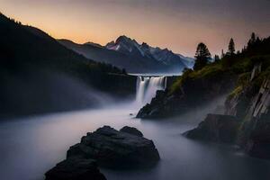 un' cascata nel il montagne a tramonto. ai-generato foto